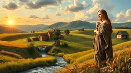 a village over high grassy hills,a small fall and river and wild flowers at river sides, trees houses ,next to Ripe wheat ready for harvest farm,windmill ,a few village local shops ,cloudy sun set sky,the the great Leonardo is painting his monalisa and she is posing as model