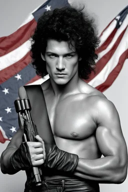 20-year-old, extremely muscular, short, curly, buzz-cut, military-style haircut, pitch black hair, Paul Stanley/Elvis Presley/Keanu Reeves/Pierce Brosnan/Jon Bernthal/Sean Bean/Dolph Lundgren/Patrick Swayze/ hybrid, as the extremely muscular Superhero "SUPERSONIC" in an original patriotic red, white and blue, "Supersonic" suit with an America Flag Cape,