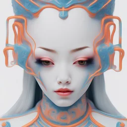 close-up, portrait photo, beautiful Korean porcelain girl, neon, symmetrical, minimalism