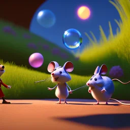 The mouse and the executioner discussing the future of the universe on bubble world, art by Pixar and Dreamworks