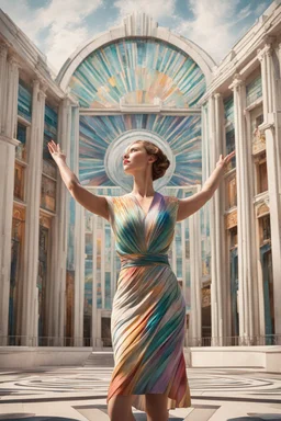 Photorealistic young woman in a dress, standing, with arms raised, looking at the front of an art deco building at midday, with coloured auras swirling around her