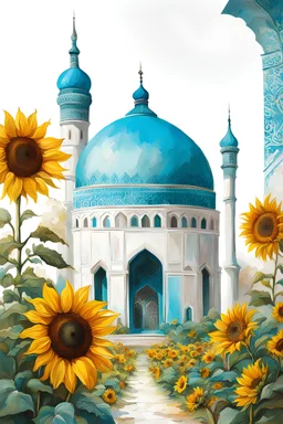 A turquoise dome and minaret and a sunflower garden next to the small mosque. Paint and oil and acrylic design. White background. Camera angle from bottom to top