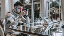 angry guy on phone at incomplete table next to marble tabletop