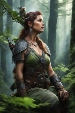 [Endor, tattooed woman warrior, battleaxe] Afrey kneels watchful upon her chosen branch high above the city. Soft glows through the leaves below speak of hearths lit and eyelids growing heavy as the Ewoks within ready themselves for sleep. But she will keep her mantle of guardian a while longer yet. With subtle shifts and flickers, the tattoos adorning her frame seem to writhe in the dimness like nothing so much as the vines and branches around her. Great serpents and ravens curl in tune to some