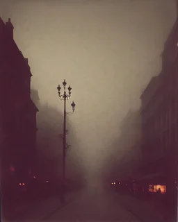 Dark street creepy fog colours strong texture artistic polaroid volumetric light, Yves Tanguy René Magritte Gustav Klimt 8k 3d abstractism