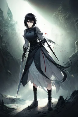 Anime girl with short black hair and sharp green eyes, holding a pike, full body black and white metal plate armour, full body shot, Dramatic lighting,1woman, soaked in blood, Warrior, standing pose, sword at the waist, close shot, lean body,