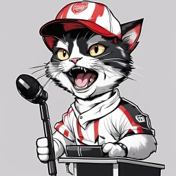 a drawing of a manga cat man with a sports cap and shirt, speaking at a (((lectern))) with a microphone, red, white and black colors, cat white and black colors, laughing cat