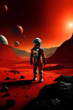 "Create an image depicting a young astronaut standing on the Martian surface beside a small spaceship, capturing the vastness of the red planet's landscape and the sense of exploration."