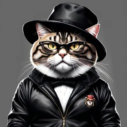 Drawing of an angry cat with black jacket, hat and glasses, NFT style