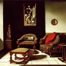 A living room with armchair and fancy stools. Caravaggio style