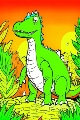 Crea una portada de un libro de dinosaurios para colorear para niños de 4 años, que tenga dibujos de dinosaurios en colores vivos, creativos e impactantes a la vista para la venta