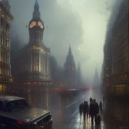 Skyline, Piccadilly ,Neogothic architecture,by Jeremy mann, point perspective,intricate detail, Jean Baptiste Monge