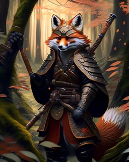 2d anthropomorphic fox in brown samurai suit in the forest