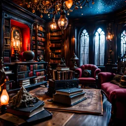 Detailed creepy living-room with books, made of modeling clay, odd furnitures, haunted, very accentuated details, Tim Burton, Harry Potter, strong texture, extreme detail, Max Ernst, decal, rich moody colors, sparkles, Yves Tanguy, bokeh, odd