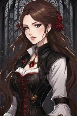 A confident looking young woman with pale skin and long brown hair in a dark fantasy setting with intricate details. She is wearing black and read leather, has red eyes, an air of malevolent power surrounds her. Anime style. High definition.