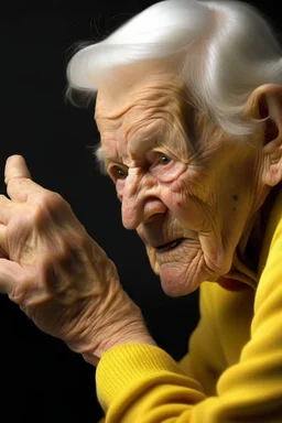 Old woman jabbing with a finger of her yellowing claw-like hand