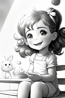 A round-faced little girl happily holding a bunch of colorful balloons. Circles can be used to depict the balloons, her eyes, and the sun in the background. very happy , Colloring page for todlliers ; basic hawali style cartoon , black and white , ink outlines , , smooth , anime style , minimalist , cute eyes , full body , white shose , sketchbook , realistic sketch , free lines , on paper , character sheet , clean line art high detailed