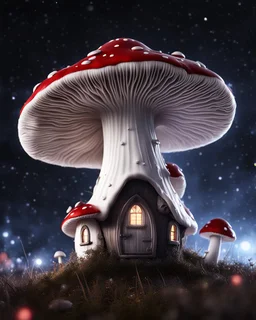 An illogically floating mushroom house on a clear night. white and white and white, Stars Dark cosmic interstellar. Detailed Matte Painting, deep color, fantastical, intricate detail, splash screen, hyperdetailed, insane depth, concept art, 8k resolution, trending on Artstation, Unreal Engine 5, color depth, backlit, splash art, dramatic, High Quality Whimsical Fun Imaginative Bubbly, perfect composition