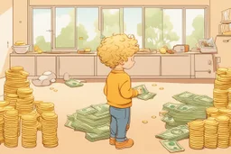 a curly-haired blond boy counts money and stacks gold coins in a modern nursery, in sunshine