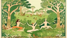 A contemporary serigraphy by Giovanni di Paolo of people practicing yoga surrounded by wild animals and lush vegetation.