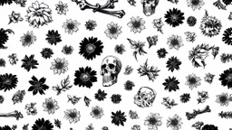 tracery of flowers, bones and skulls, black and white, Maximum minimalism