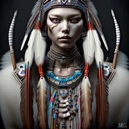 war painted pueblo Indian female, dark, disturbed expression.intricate detailethnically accurate face, intricate head dress, detailed make-up, detailed turquoise jewelry, detailed hair, detailed feathers, use dynamic palette, accurate proportions, high contrast black smokey bokeh background.Chie Yoshii style