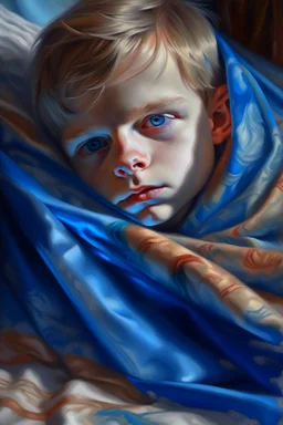 cover illustration, oil painting portrait of metallic sleeping slightly cute smirking innocent blue eyed vampire on a towel, bokeh , high detail, smooth render, prize winning, down light, depth of field, aura, in wind