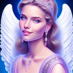 portrait of a beautiful woman with an angel face smiling, pink and blue dress, jewels, soft light aura