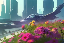 sunny day, flowers, epic, sci-fi, modern contemporary city