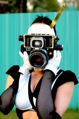 Cyber-punk style camera-mask. Large fencing mask covers cheeks. Trim girls. Reflective white plastic skin. Camera lenses as eyes. Head full of integrated old-fashioned cameras. Golden to cyan surfaces body, latex. Perfect body, thick thighs and calves. Asa Akira. Selfies with old-fashioned cameras in both hands. Wide hip, skirt bleats nicely. Camera at mons veneris and nipples. Partly symmetrical. Three Cameras hanging on wide plastic belt. Euclidean 3D-tiling. Fractal-camera-lens.Minimalism