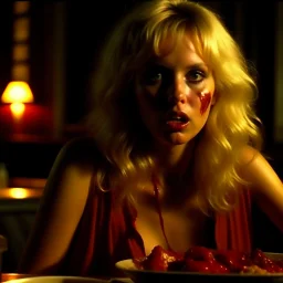 Horror movie shot, demon, hot spooky, stunning, dining, meat, ultra realistic, really eerie, stunning blonde, huge breit, ultra hypnotic, obsessive, hyperrealistic hot skinny woman, pieces of meat, Dario Argento, Stanley Kubrik, 1980's, ornate, 4k, photorealism, splatter horror, graphic, details of the skin extremely accentuated