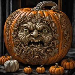 Photorealistic Intricately carved Giant Pumpkin at a Halloween celebration, hyperdetailed weird Pumpkin carving, photograph by Joel-Peter Witkin, filigree, 3d shading, intricate details, HDR, beautifully shot, hyperrealistic, sharp focus, 64 megapixels, perfect composition, high contrast, rich orange and black colors, cinematic, atmospheric, moody.