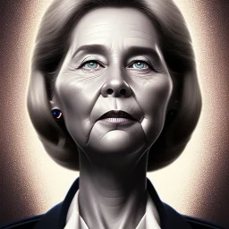 Ursula von der Leyen, Pixar Studio movie style, pixar's UP style, rounded face, wrinkles, circular reflective eyes, large cheekbones, huge forehead, huge hair, smooth lighting, cartoonish, portrait of a politician,