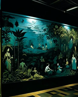 A blackish teal galaxy of hierarchy designed in Javanese shadow puppets painted by Paul Gauguin