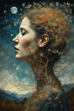 Female portrait painting in profile, pasty tempera on old worn canvas, beautiful mind journey. By Christoffer Relander, Dan Mountford, Van Gogh, Yossi Kotler, Klimt, Victo Ngai, Naoto Hattori. Amazing multiple exposure optical illusion, mixed media, surrealism, otherworldly. Impressive old trees, vines, roots, starry night sky, mountains, rivers, in the clouds, storybook illustration, by Susanne, landscape portrait, perfect face, enigmatic, dreamlike, beautiful lighting, beautiful vibrant colors