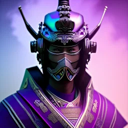 samurai purple masked villain in galaxy, teal and purple smoke, detailed, realistic, 4k