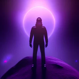 man in chapel floating up into the galaxy, purple lights, purple fog, detailed, realistic, 4k, hi def