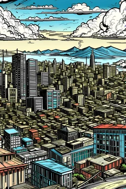 A skyline view of San Francisco war torn comic book style