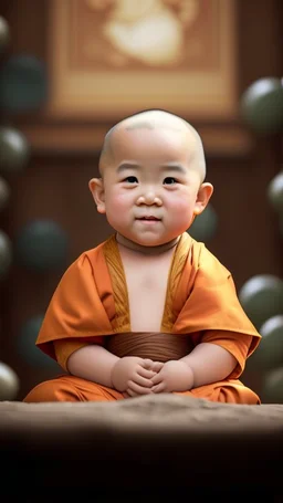 A 3-year-old monk boy with round cheeks, sitting, looking at the camera, monk costume, cute and cute, masterpiece, high quality, highly detailed.