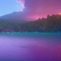 the camera is far away and there's couple sitting from behind looking at a lake, t's sunset, there're a lot of shades of pink and purple, flashing. the lake is reflexing tiny lights, magic universe in the sky, cinematic atmosphere, 8k, octane render, unreal engine, , by Asaf Hanuka