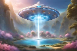 Large metal spaceship emitting rays of light, coming out of blue lake with blue crystal in the center, flower meadows, light blue, silver, pink, gold, waterfalls, tropical trees, rays of light, intricate details, decorative details