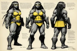character concept sheet with AD&D statistics and characteristics, [high res pen sketch by by Sam Keith and Bernie Wrightson for TMNT module B3] Mona Lisa female Teenage Mutant Ninja Turtle, She has turtle skin partially made of scales, dreadlocks, and wears a yellow bra and a yellow eye mask. A protective shell is on her back, and she holds her bolas.