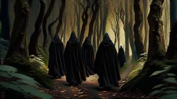 black robe hooded monks on the forest path