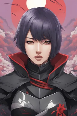 Asian Woman in her thirties with short lavender hair, red eyes, wearing a black cloak and futuristic black armor, holding ninjato, Japanese background, RWBY animation style