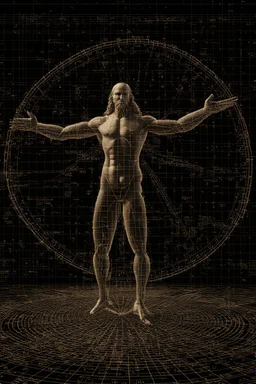 Human – Language – Computer. Leonardo da Vinci's Vitruvian man against the background of the matrix and the crumbling ones and zeroes. close-up of the surrounding area. Solid science fiction, high resolution