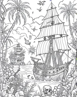 Pirates of the Caribbean: Skull Island Jungle Exploration Coloring Page: Create an intricate coloring page capturing the essence of Skull Island's dense jungle from the Pirates of the Caribbean movie. Depict towering trees, winding hidden paths, and exotic wild animals awaiting vibrant interpretations. Integrate iconic elements like the Black Pearl sailing on the horizon or discreetly placed treasure chests, inviting enthusiasts to bring this adventurous scene to life with their black and white