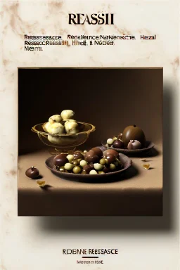 renaissance style still life Of Ravioli dish with natural chocolate and hazelnuts, olives, olive oil. moisture, art, natural, ornaments, marble, gold, high kitchen, smooth, gradient color background, unreal engine 5, ray tracing, RTX, lumen lighting, ultra detail, volumetric lighting, 3d.