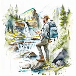 Illustrate a scene of an artist exploring the wonders of Norwegian nature, sketching, plain air amidst forests, waterfalls, and meadows, artistic style painting, white background, detailed, realistic