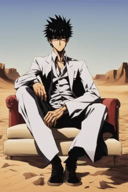 Nicholas Wolfwood Trigun is sitting on a couch in the middle of the desert