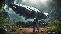 Wide-angle, woman with straight hair, dressed like a robot, with equipment in her hands, next to a crashed spaceship, in a clearing on an alien jungle world